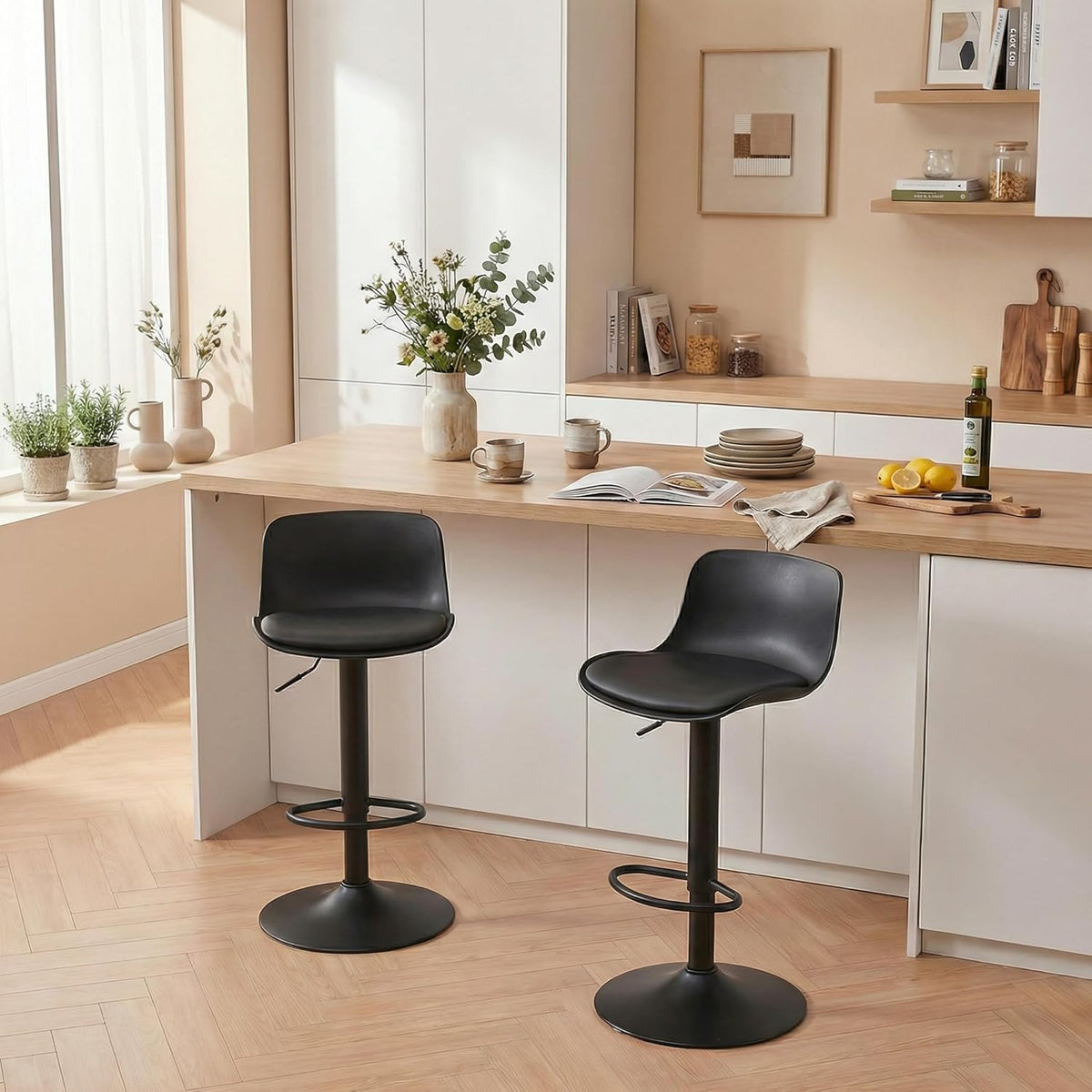 YOUNIKE Barkruk set van 2 zwart, in hoogte verstelbare draaibare barstoel met rugleuning, hoge barstoelen als keukenstoel, toonstoel, praktische barkruk voor toonbank, keuken en eetkamer