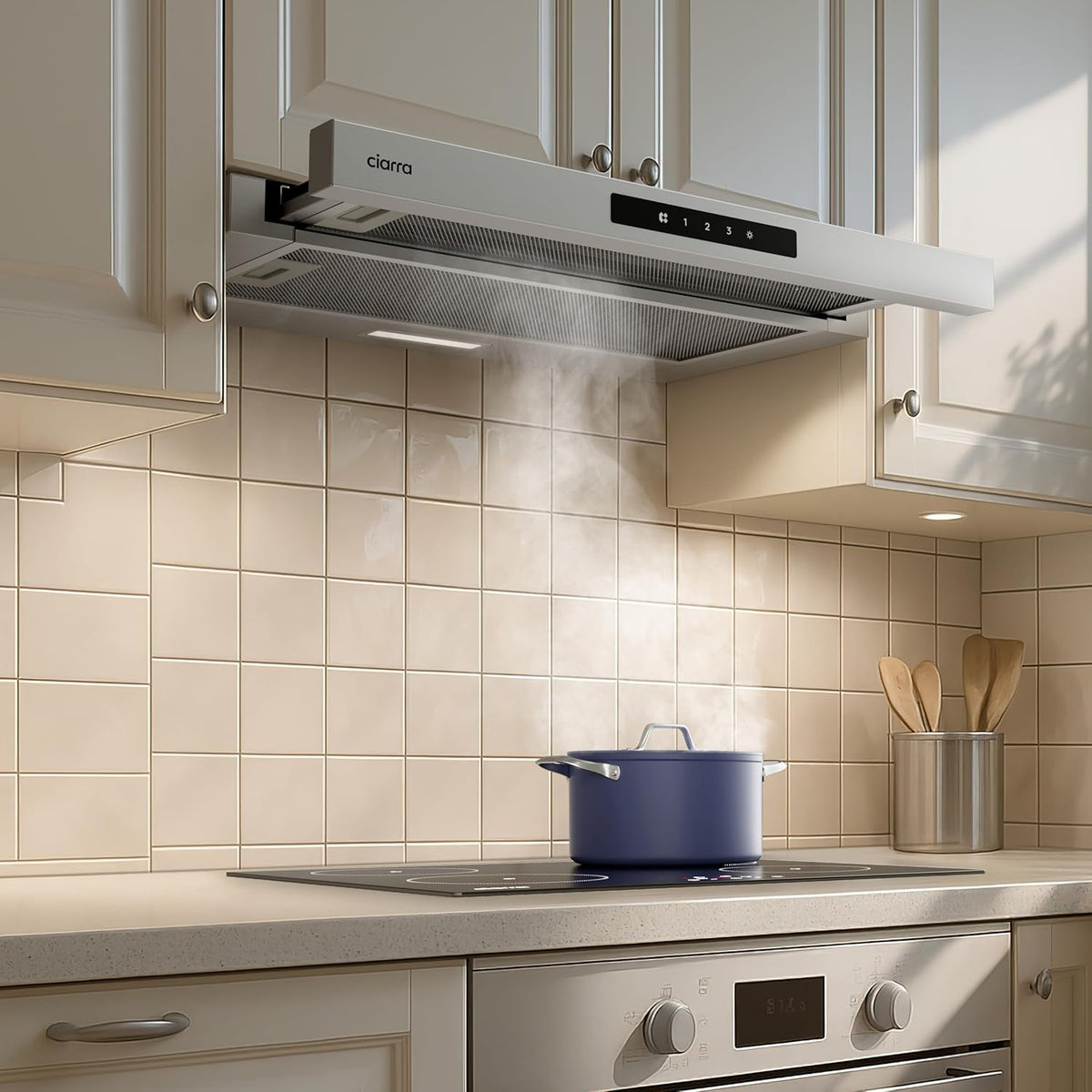 CIARRA CBCS6909A A+ afzuigkap 60cm, 600 m³/h,3 standen, geïntegreerde platte afzuigkap, met CBCF055 actieve koolfilter, zilver - QUORE