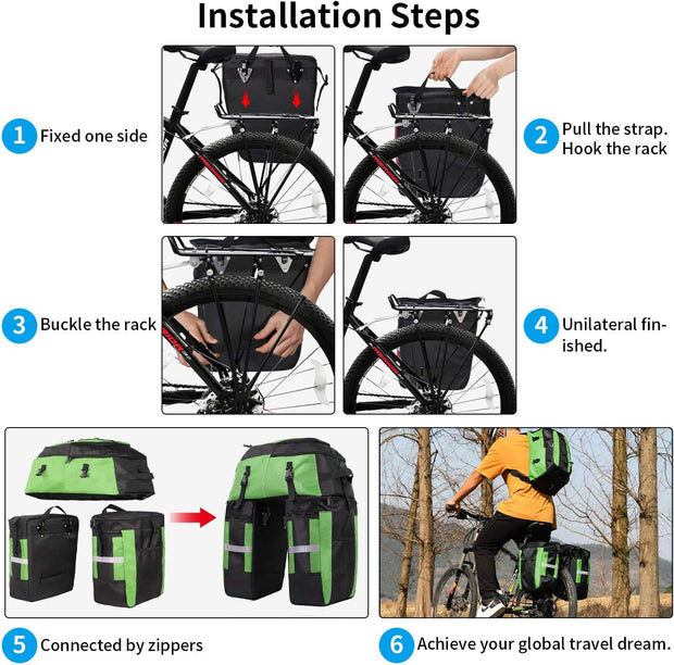 3-in-1 Fietstas - Fietstassen - Dubbele Fietstas - Multifunctioneel Bagagedragertas - Scheurvast - Grote Bagagetassen - met Regenhoes - 70L - Nylon - Groen