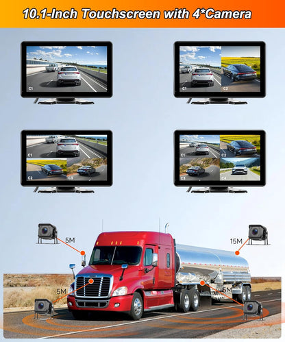 4 x achteruitrijcamera met 10,1 inch IPS-monitor, BSD-systeem, 4-voudig beeldscherm, 4K DVR-loop-opname, 1080p AHD achteruitrijcamera, auto, nachtzicht, IP68 waterdicht, voor SUV, vrachtwagen