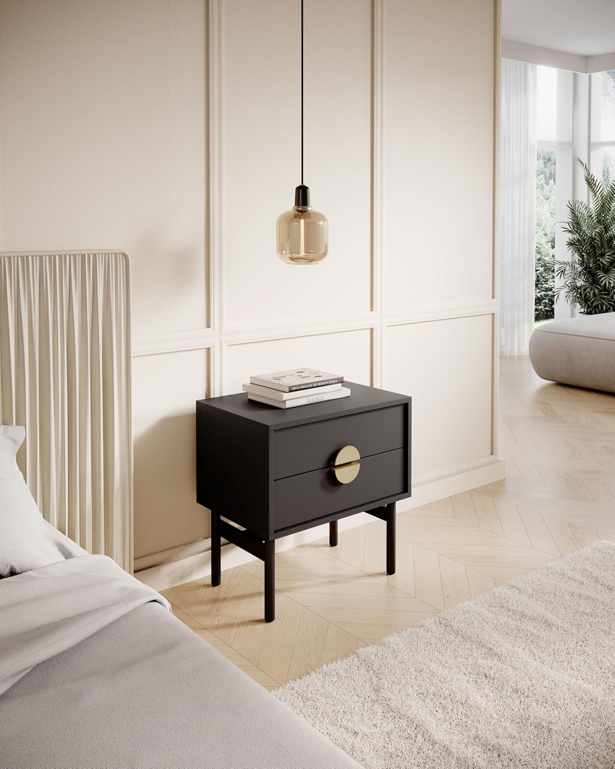 Selsey Nachtkastje Bijzetkast Bijzettafel Nachtkastje 55 cm met 2 laden zwart stalen frame Stoon