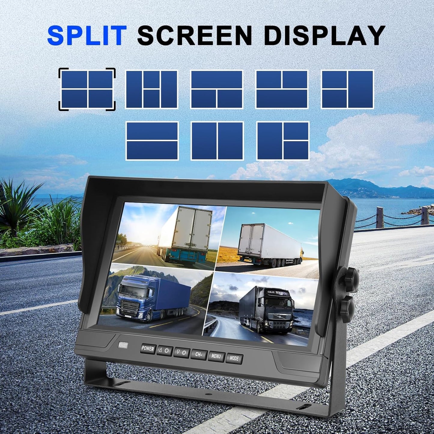 1080p achteruitrijcamera met 4 gedeelde 9 inch monitor, ondersteunt 4 camera's DVR/IP68 waterdicht/nachtzicht voor vrachtwagen, camper, caravan, met 2 x 10 m en 2 x 20 m kabels