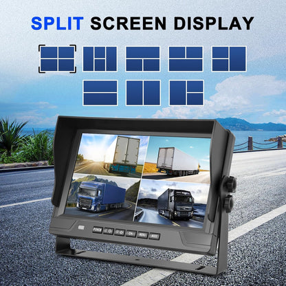 1080p achteruitrijcamera met 4 gedeelde 9 inch monitor, ondersteunt 4 camera's DVR/IP68 waterdicht/nachtzicht voor vrachtwagen, camper, caravan, met 2 x 10 m en 2 x 20 m kabels
