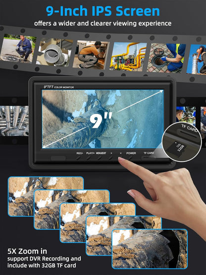 Rioolcamera 20 m, afvoerinspectiecamera met 512hz zender, 9 inch pijp Borescope HD met afbeelding zelfnivellerende, professionele Snake Cam endoscoop voor afvoerkanaal Inclusief 32 GB TF-kaart