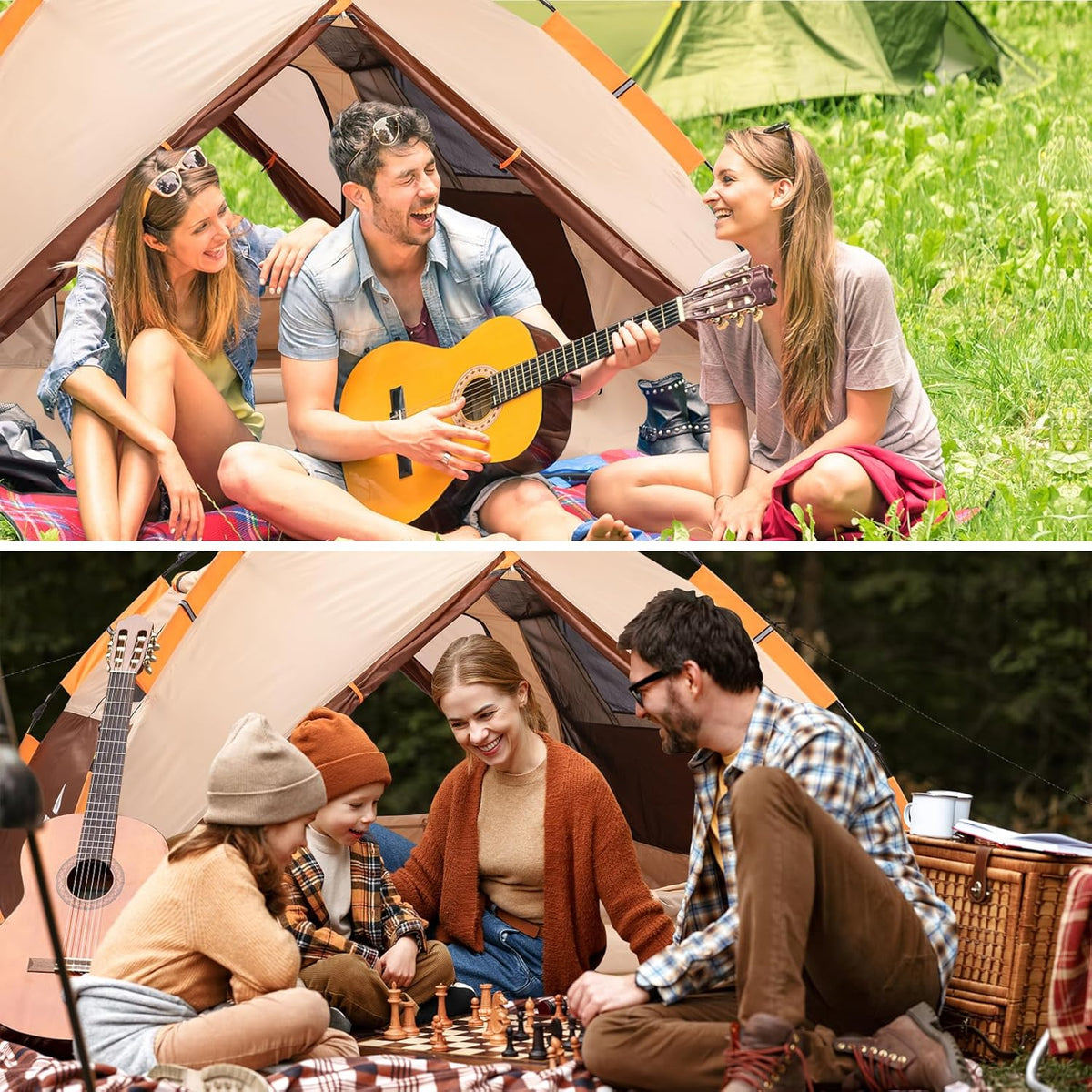 Campingtent, pop-up tent voor 4 personen, familiekoepeltent, waterdicht, winddicht, met 2 gaasdeuren, 2 gaasramen, dakramen, 2-in-1 dubbele lagen, opbergtas voor kamperen, wandelen, backpacken
