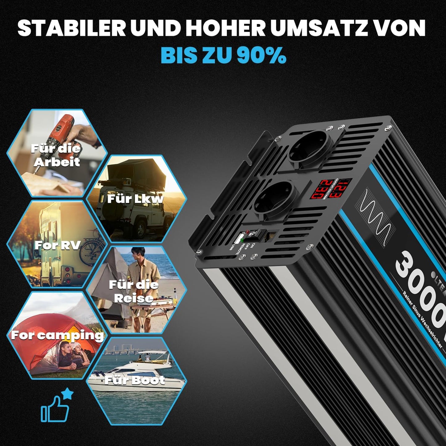 Omvormer 12V naar 230V zuivere sinus 3000W spanningsomvormer Omvormer met EU-aansluitingen en USB-poort -afstandsbediening en LED-display Voor camper, caravan, camping