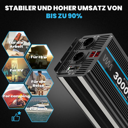 Omvormer 12V naar 230V zuivere sinus 3000W spanningsomvormer Omvormer met EU-aansluitingen en USB-poort -afstandsbediening en LED-display Voor camper, caravan, camping