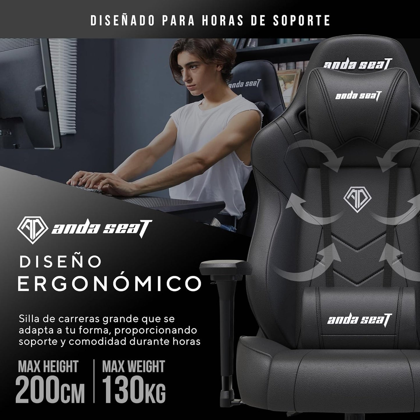 Anda Seat Dark Demon Dragon Gamingstoel voor volwassenen, ergonomische videogamestoelen, liggende bureaustoel, nek- en lendenrugsteun - grote zwarte premium PVC-lederen bureaustoel