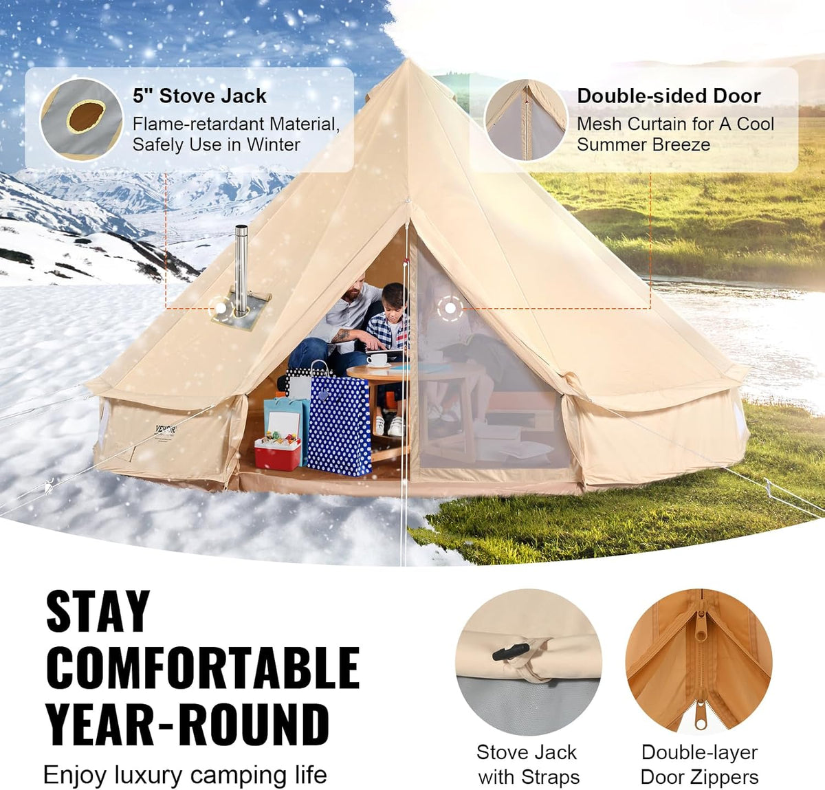 VEVOR Canvas Bell Tent 3-7 m Yurt Tent 4 Seizoenen Familie Camping Tent met Houtkachelgat, Opbergzakken voor Glamping tot 4-12 Personen