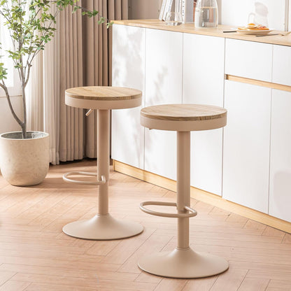 YOUNIKE Barkruk, set van 2, hout, in hoogte verstelbaar, draaibaar, barkruk, keukenkruk, hoogte barstoelen met voetensteun, voor bar, keuken, draaikruk van massief hout metaal, kaki roze