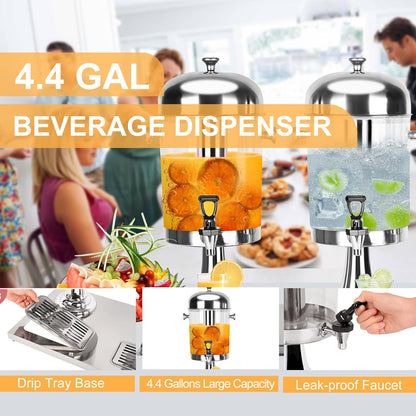 Drankdispenser, 4,4 gallon drankdispenser voor feestjes met ijskern en druppelkommen, roestvrij staal, dual catering, koude drankdispenser met standaard voor feestjes, bruiloft, hotelbuffet, banket
