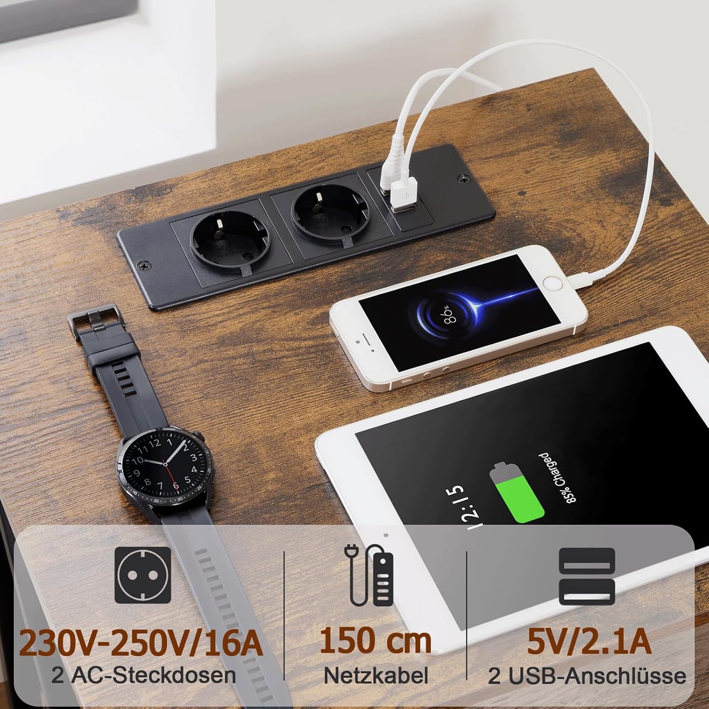 AMHANCIBLE Nachtkastje set van 2, bijzettafel met Oplaadstation en LED, banktafel met 3 stoffen laden, Eindtafel met open plank voor slaapkamer, woonkamer, bruin HET053LBR