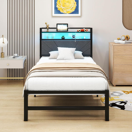 Gestoffeerd bed, 90 x 200 cm, metalen bed, eenpersoonsbed, bedframe met led en laadstation, bedframe met opbergruimte, tienerbed, logeerbed, bedframe met hoofdeinde, donkergrijs