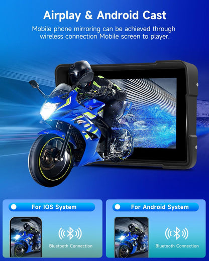 Rimoody Carplay 7 inch Scherm voor motorfiets, draadloos autodisplay met Airplay/Android Cast/Dual Bluetooth/navigatie/IP67