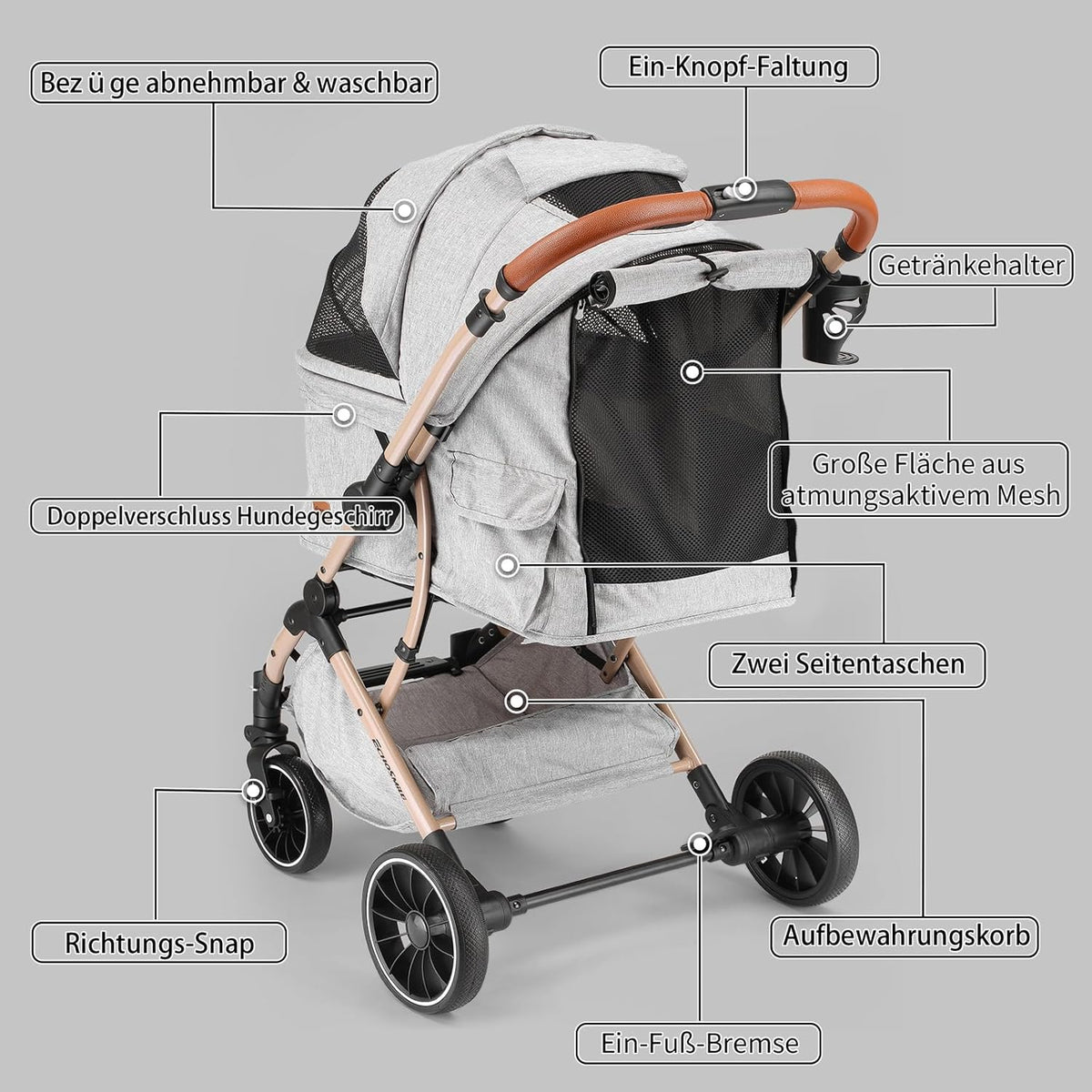 EchoSmile Opvouwbare hondenwagen, hondenbuggy tot 20 kg, voor kleine middelgrote honden en katten, hondenbuggy en kattenwagen met omkeerbare handgreep, schokdemping en afneembaar wasbaar pad, grijs