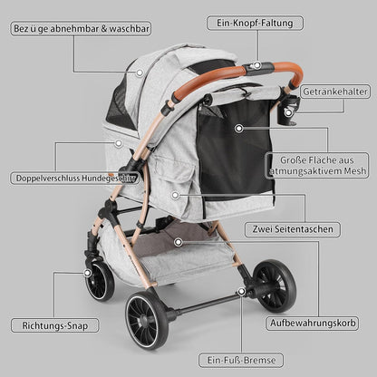 EchoSmile Opvouwbare hondenwagen, hondenbuggy tot 20 kg, voor kleine middelgrote honden en katten, hondenbuggy en kattenwagen met omkeerbare handgreep, schokdemping en afneembaar wasbaar pad, grijs
