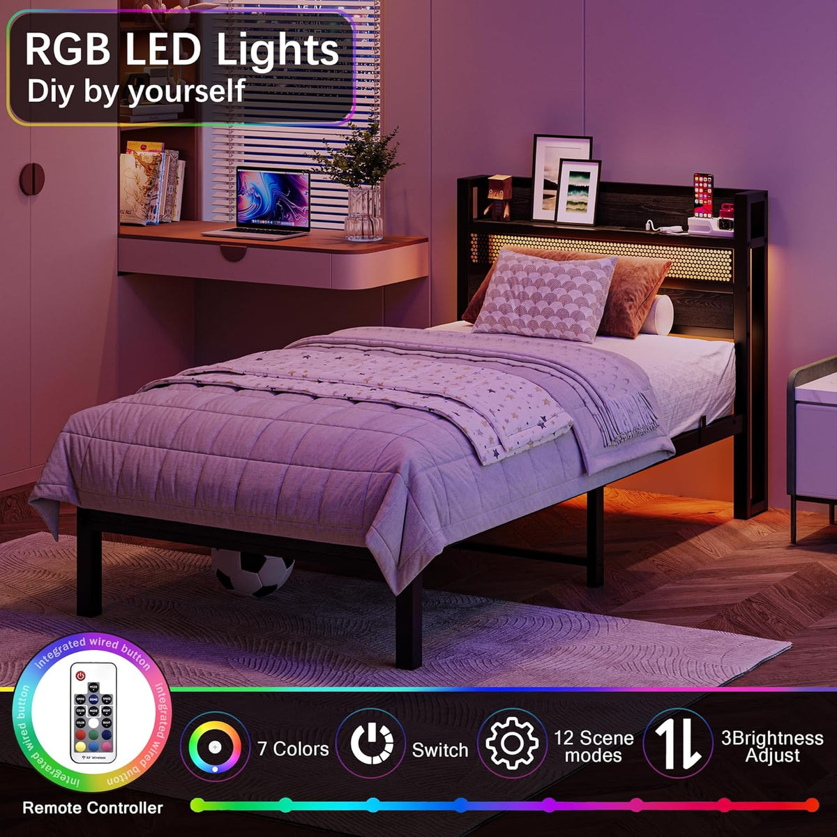 90 x 200 cm Metalen bedframe met hoofdeinde en laadstation/ledverlichting, metalen bedframe, sterk stalen lattenrooster, rustiek bruin
