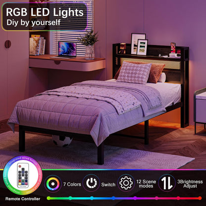 90 x 200 cm Metalen bedframe met hoofdeinde en laadstation/ledverlichting, metalen bedframe, sterk stalen lattenrooster, rustiek bruin