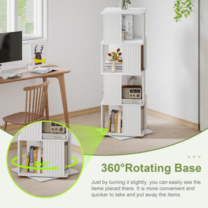 YOSHOOT 4-laags roterende boekenplank staande 360 ° roterende boekenkast, 129,3 cm houten draaiende boekenplank, boekenopbergrek voor studeerkamer, slaapkamer, woonkamer, 45 x 45 x 129,3 cm (wit)