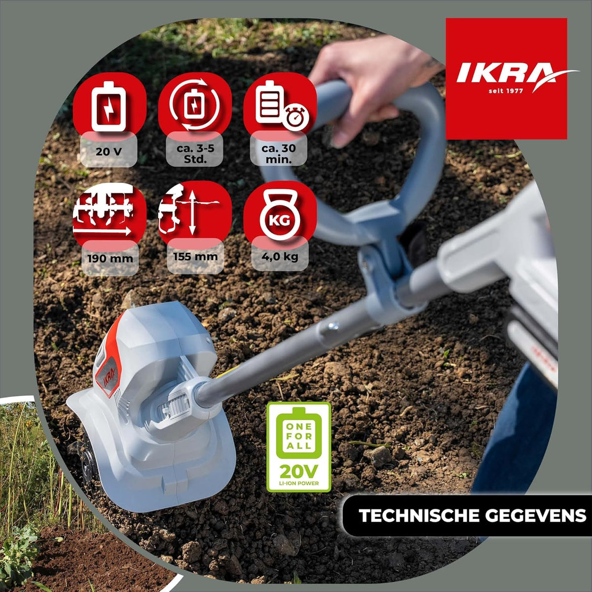 IKRA Snoerloze Grondfrees IAMH 20, werkbreedte 19cm, werkdiepte tot 15,5cm, looptijd max. 30 minuten, incl. accu & lader