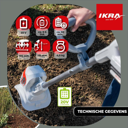 IKRA Snoerloze Grondfrees IAMH 20, werkbreedte 19cm, werkdiepte tot 15,5cm, looptijd max. 30 minuten, incl. accu & lader