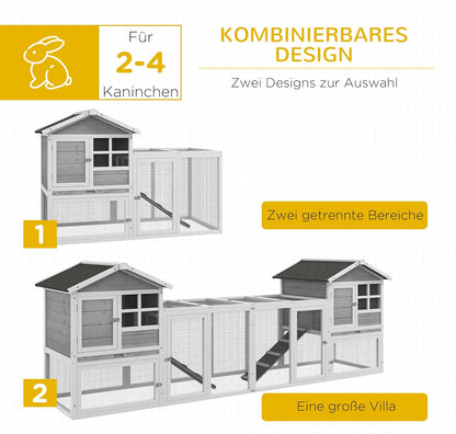 PawHut rabbit hutch combination rabbit hutch XXL hutch for guinea pigs with freewheel driveway two floors for 2-4 rabbits pine wood asphalt 260 x 64 x 92 cm - QUORE