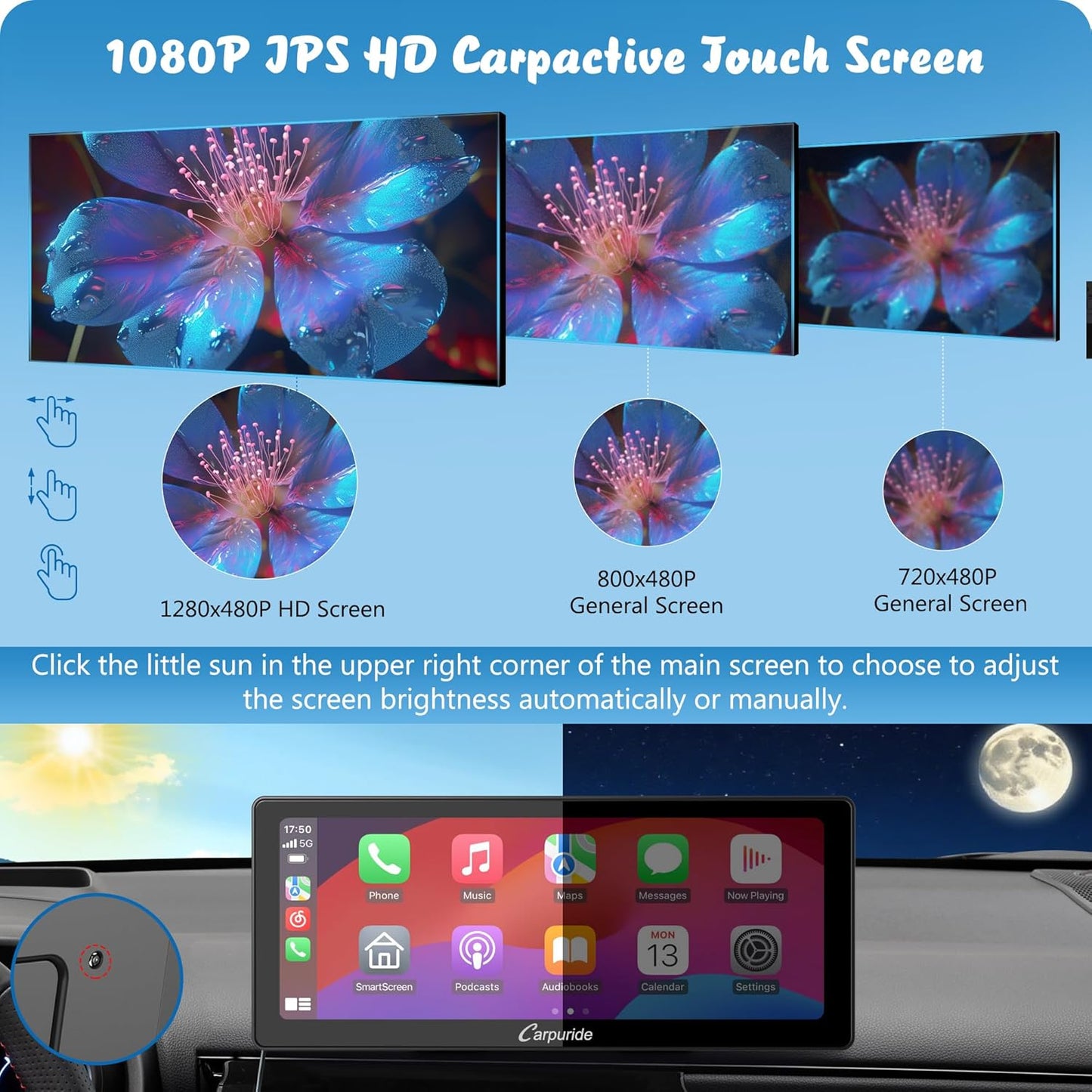 Carpuride W103 Pro met draadloze Bluetooth-overdracht, draagbaar Carplay en Android Auto-autoradio, 10,3 inch 1080P-touchscreen, Mirror Link/GPS/Siri/FM, met 3 houders
