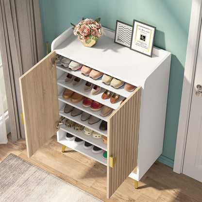 Tribesigns Shoe Cabinet with Doors, 7 Tier Shoe Storage Cabinet with Adjustable Shelves, Wooden Shoe Rack, Shoe Storage for Entrance, Hallway, Closet, Living Room, Wood and Gold