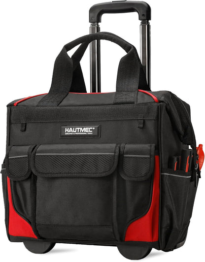 HAUTMEC HT0179 Gereedschapstas met wieltjes, duurzame gereedschapskoffer, grote opening, robuuste telescopische handgreep, afmetingen: 37 x 29 x 40 cm, rood