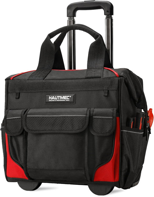 HAUTMEC HT0179 Gereedschapstas met wieltjes, duurzame gereedschapskoffer, grote opening, robuuste telescopische handgreep, afmetingen: 37 x 29 x 40 cm, rood
