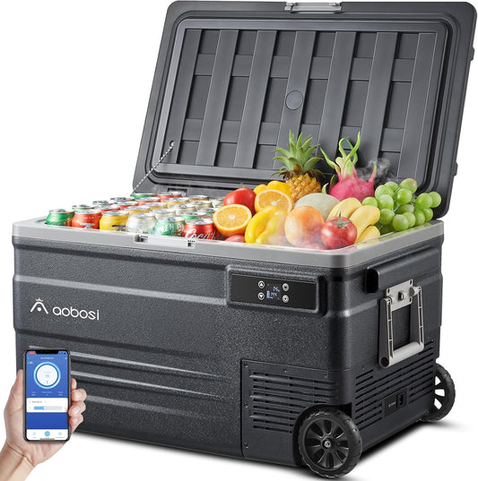 AAOBOSI 74 liter compressor-koelbox, campingkoelkast met app, ledverlichting, -20 °C tot 20 °C, 12/24 V en 100-240 V, koelbox compressor met wielen, voor auto, buggy, vrachtwagen, boot, camping en