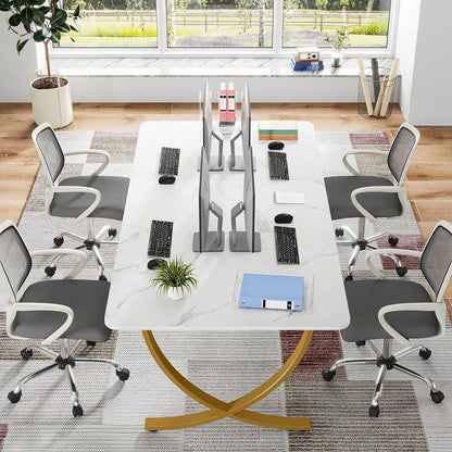 Tribesigns Desk, Computer Table, 160 x 80 x 75 cm, Modern PC Table, Work Table, Dining Table with Artificial Marble Tabletop and Metal Legs for Home Office, Conference Table, White and Gold