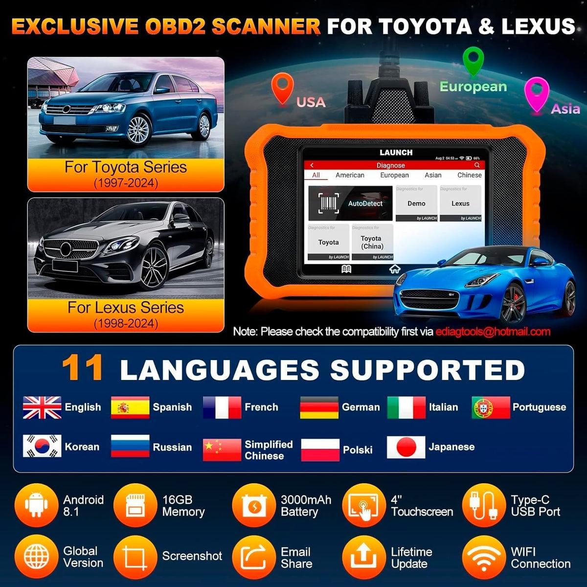 LAUNCH Creader Elite 2.0 OBD2 Diagnostisch Hulpprogramma voor Toyota voor Lexus Dezelfde Functie als LAUNCH X431, Volledige Systeem, Actieve Test, ECU Codering Diagnostisch Hulpprogramma Auto