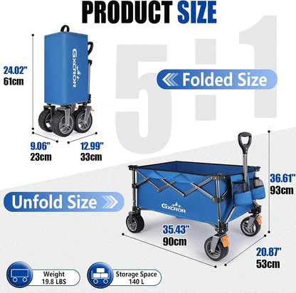GXCROR Opvouwbare Trolleykar - 140L Heavy Duty Opvouwbare Wagon met Afneembare 14,5 cm diameter & 6 cm Brede Wielen voor Camping, Strand, Tuinieren, 130 kg Capaciteit