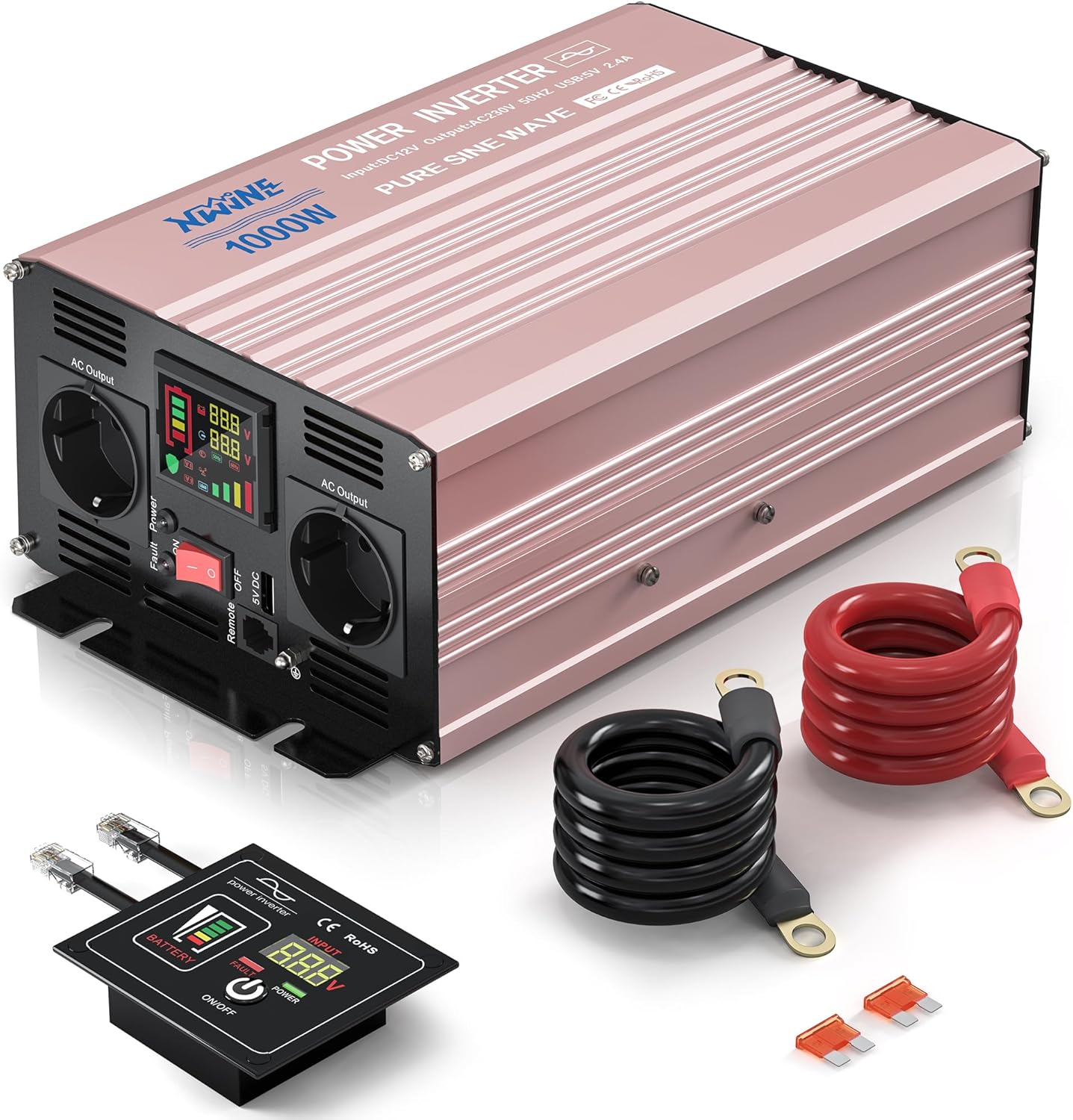 XWJNE Spanningsomvormer, 12 V naar 230 V, 1000 W/2000 W, zuivere sinus, omvormer met 2 AC-stopcontacten, 1 USB-uitgang 5 V, bekabelde afstandsbediening en led-display voor auto, camper, vrachtwagen