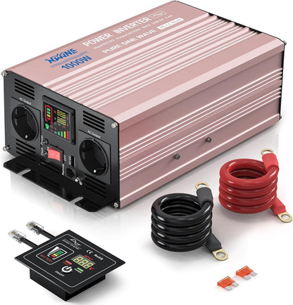 XWJNE Spanningsomvormer, 12 V naar 230 V, 1000 W/2000 W, zuivere sinus, omvormer met 2 AC-stopcontacten, 1 USB-uitgang 5 V, bekabelde afstandsbediening en led-display voor auto, camper, vrachtwagen