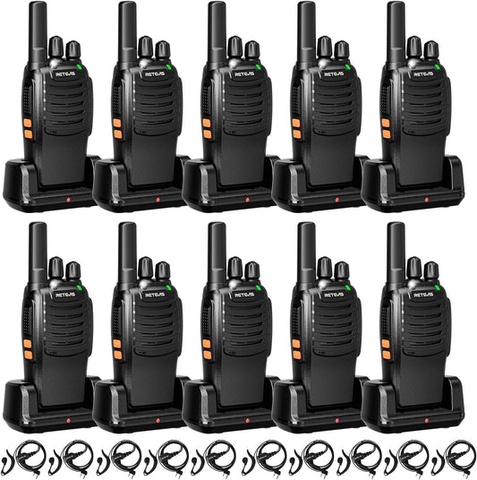 Retevis H777 Portofoons met Oortelefoon, Langeafstandsradio, VOX Handsfree, Ingebouwde Zaklamp, Zakelijke Portofoons voor Restaurants, Scholen (Zwart, 10 Stuks)