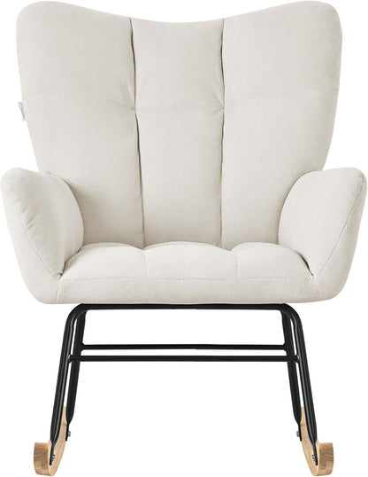 ML-Design Rocking Chair with Terry Cloth Upholstery, Upholstered Armchair with Wooden Sleds and Armrests for Living Room/Bedroom/Balcony, Beige Recliner with Wings