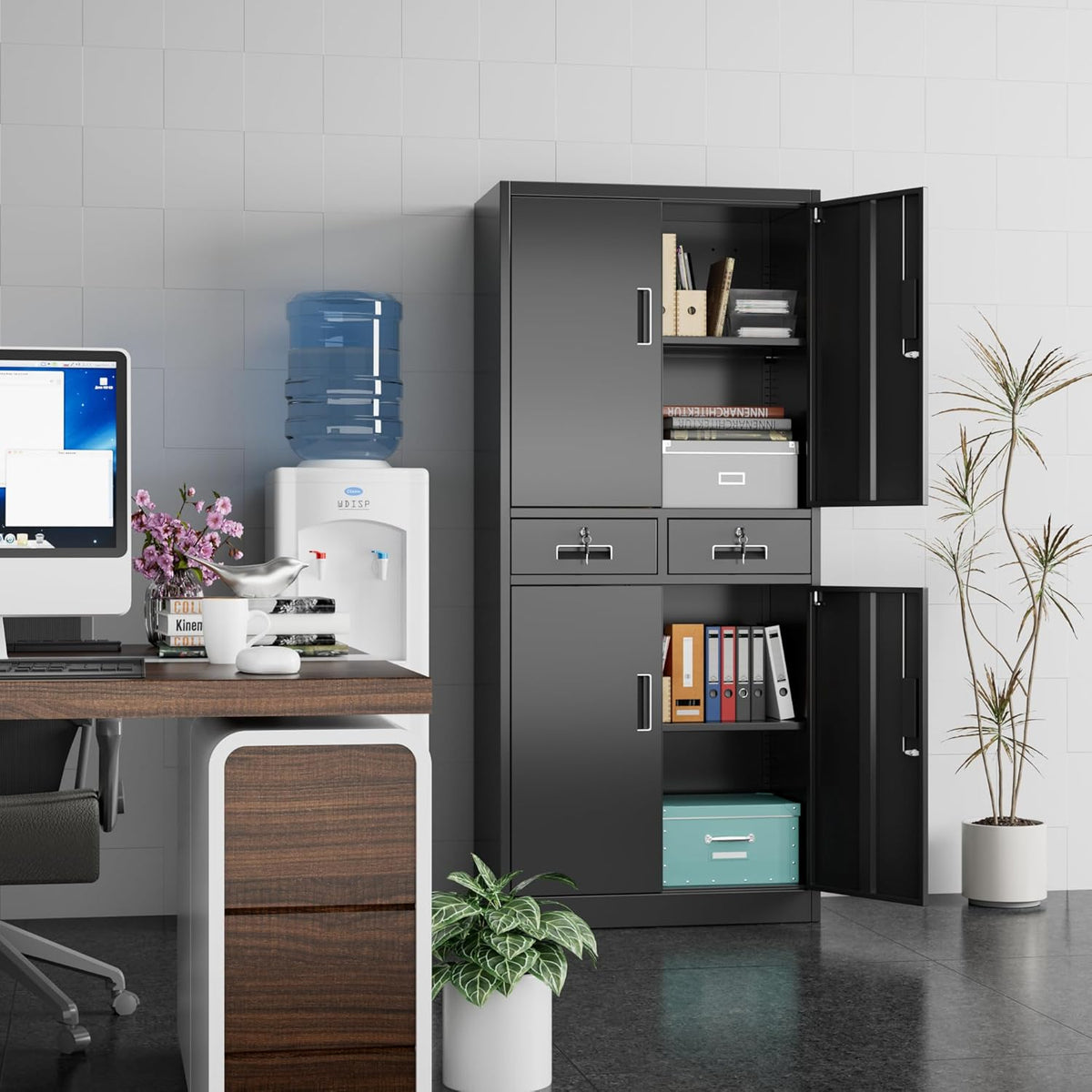 Filing Cabinet, Metal Cabinet with 2 Drawers, Bearing Cabinets, Powder Coated Steel Cabinet for Tools, Office, 180 x 80 x 40 cm (Black) - QUORE