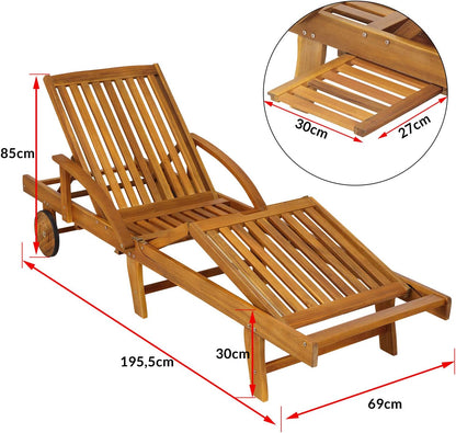 CASARIA® Sun Sunbed Wood Foldable 160 kg Load Capacity Wheels Table Foot and Back Adjustable Table Garden Balcony Terrace Sunbed Acacia Cozy Garden Bed for Summer - QUORE