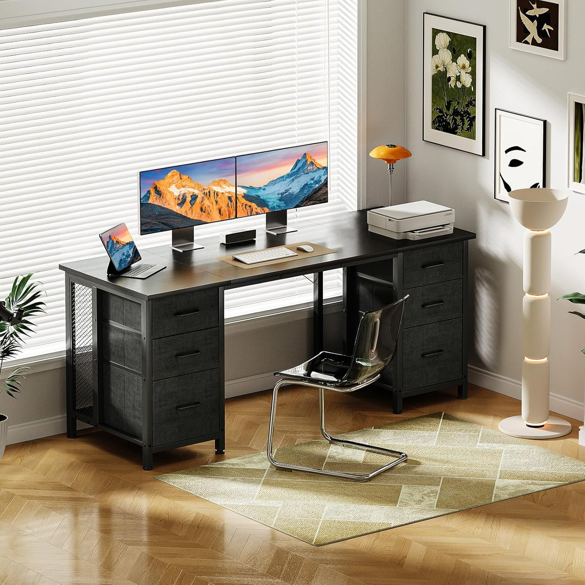 Coleshome Bureau met 6 lades, 160x52 cm Bureau met opslagruimte, Computerbureau met Planken voor Thuiskantoor, Zwart