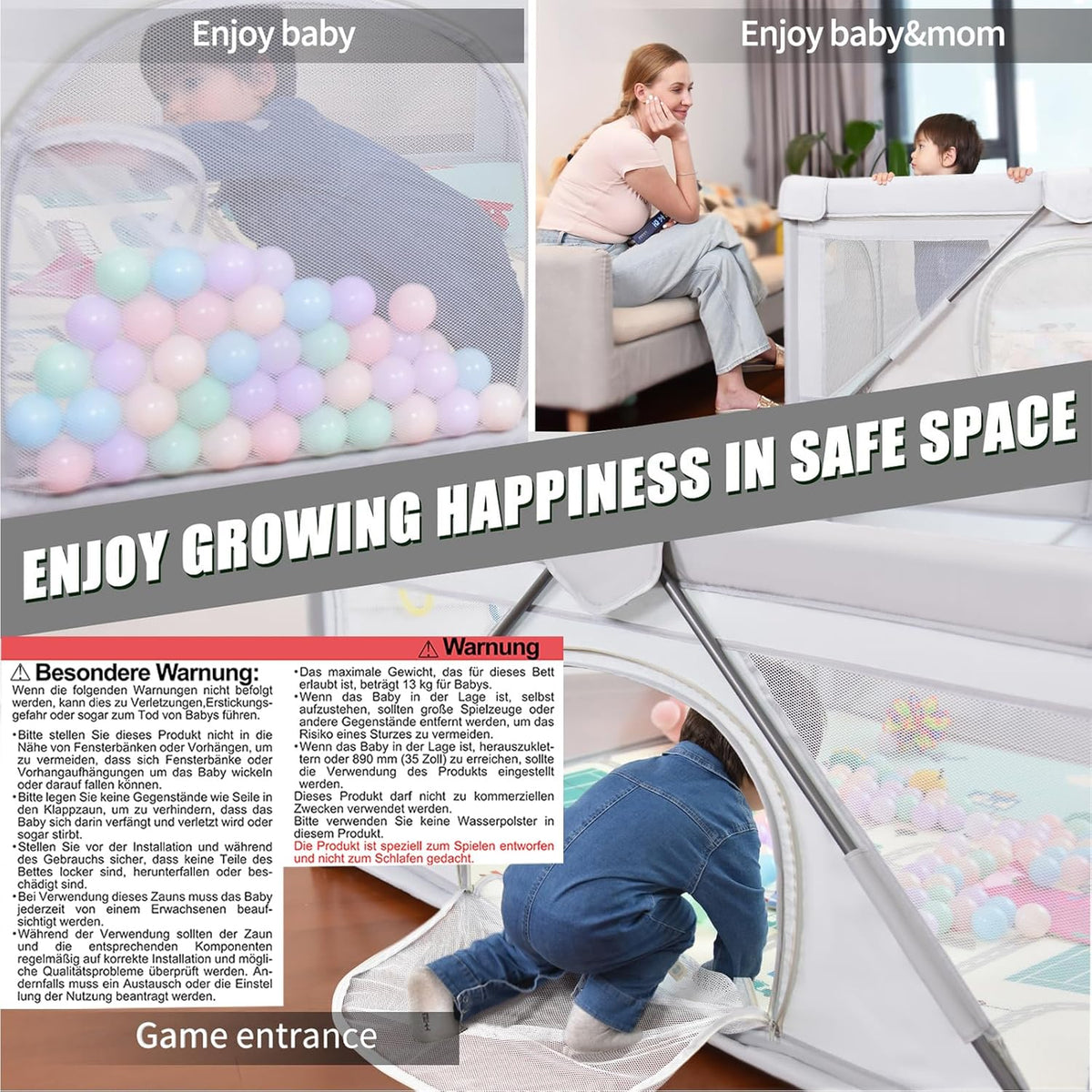 Heyo.Ja Foldable Play Area for Babies and Children, Large Playground, Portable Playpen with Fence for Indoor and Outdoor Use (120 x 160 cm) - QUORE