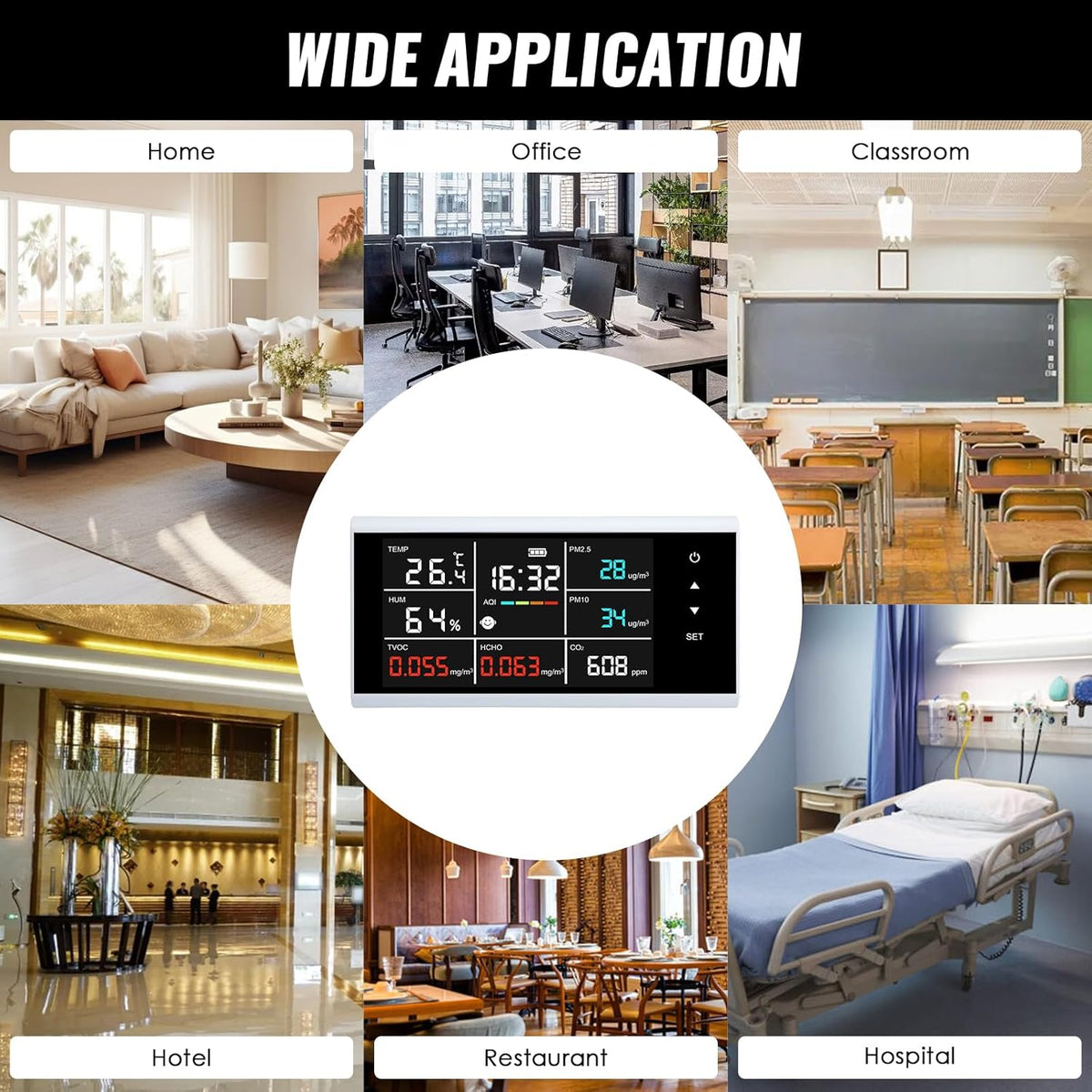 9-in-1 slimme luchtkwaliteitsmonitor, CO2, PM2.5, PM10, HCHO, TVOC, temperatuur, vochtdetector, touchscreen-display, luchtkwaliteitstester, real-time monitor, luchtvervuilingssensor, oplaadbaar