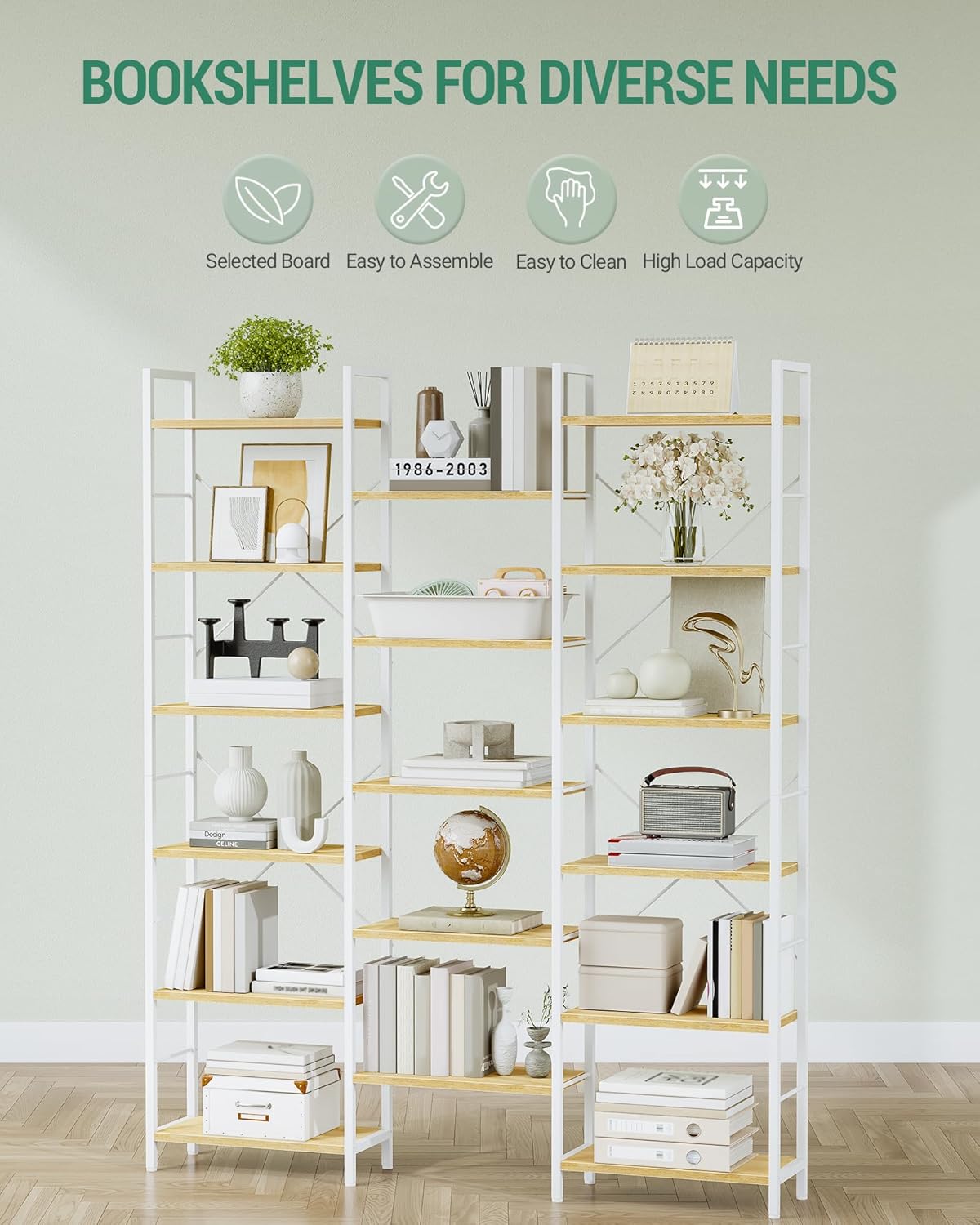 Hzuaneri Bookshelves, Freestanding Shelves, 17 Shelves, 6 Layers, Adjustable Spacing, 24 x 152 x 186 cm, Load Capacity 340 kg, Living Room, Office White Oak and White BC10116W