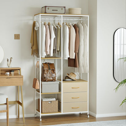 Kledingrek – Garderoberek – Open Kast – Kledinghouder – Kledingwagen Beige – Stalen Frame – 3 Lades Met Wieltjes En Haken