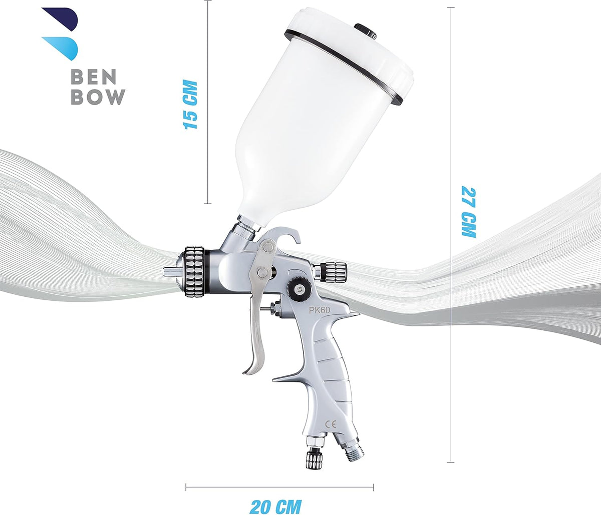 BenBow Verfpistool in koffer 1,4 + 1,8 mm, 2 sproeiers, PK60 HVLP professionele kwaliteit spuitfles met emmer 600 ml, zwaartekrachtpistool, oplosmiddelverf, basis en primer