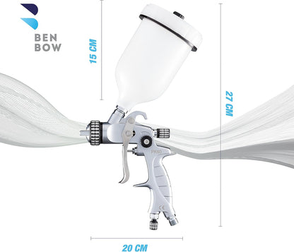 BenBow Verfpistool in koffer 1,4 + 1,8 mm, 2 sproeiers, PK60 HVLP professionele kwaliteit spuitfles met emmer 600 ml, zwaartekrachtpistool, oplosmiddelverf, basis en primer
