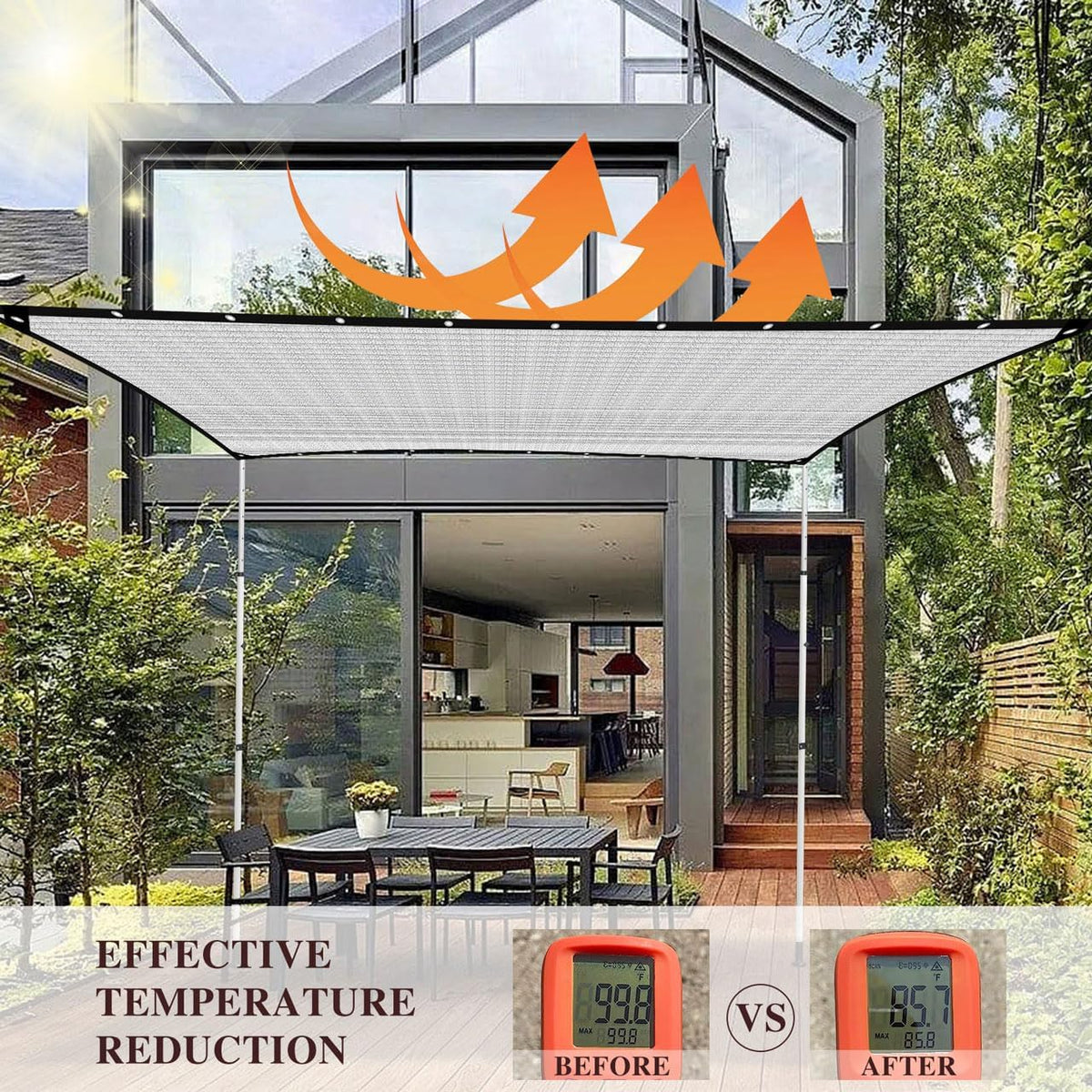 Schaduwnet voor de tuin, van aluminium, 80% zonnezeil met rand, eenvoudig op te hangen, schaduwnet voor balkon, tuin, camping, zilver