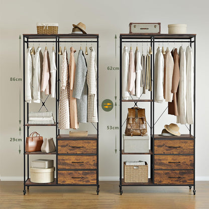 Kledingrek – Kledingkast – Garderoberek – Kledinghanger – Open Kledingrek – Stevig Stalen Frame – Verstelbare Planken & Laden – Wieltjes – Rustiek Bruin