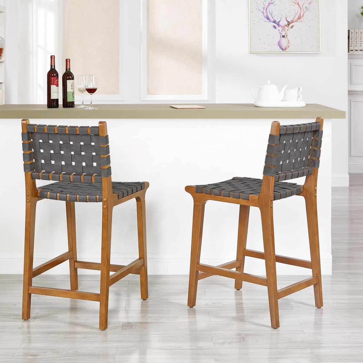 Ball & Cast Woven Counter Stool Kitchen Counter Hoogte Barstool Backrest Wooden Weave Stool, Dark Grey Faux Leather